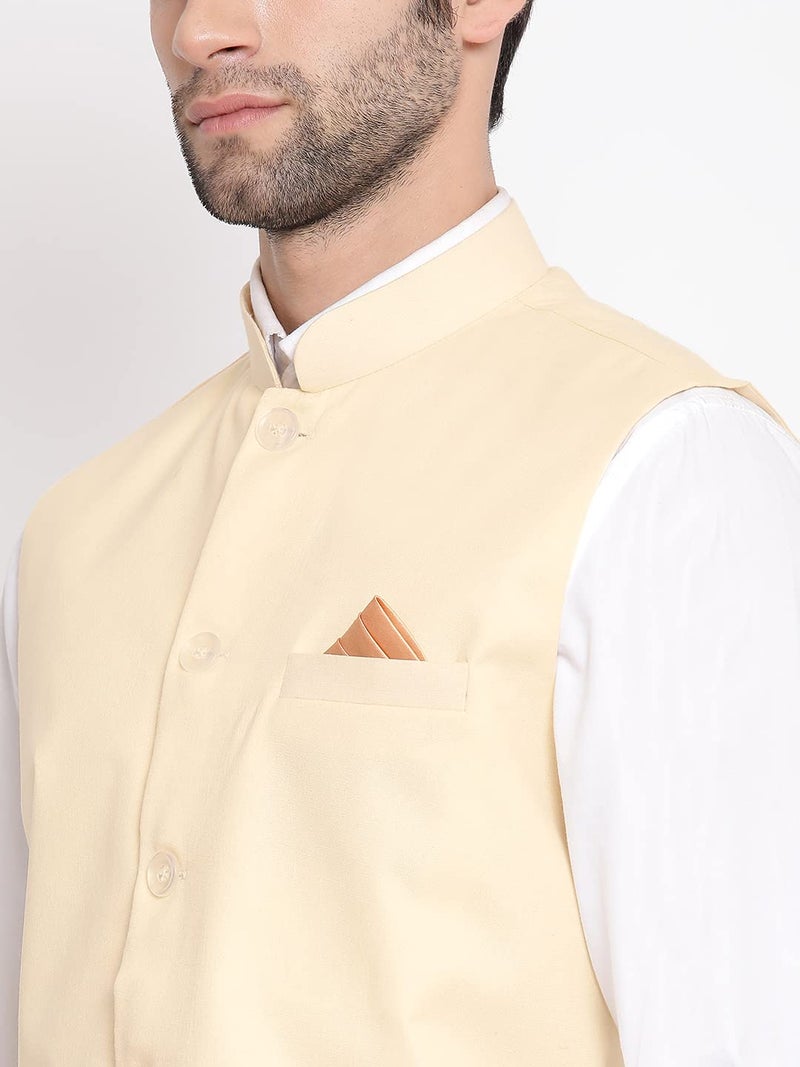VASTRAMAY Mens Cotton Blend Cream Nehru Jacket - Timeless Style & Versatility | Classic Royal Pastal Ethnic Sleeveless Coat for Formal & Casual Wear_VASMJ049CR_38 - Image 4