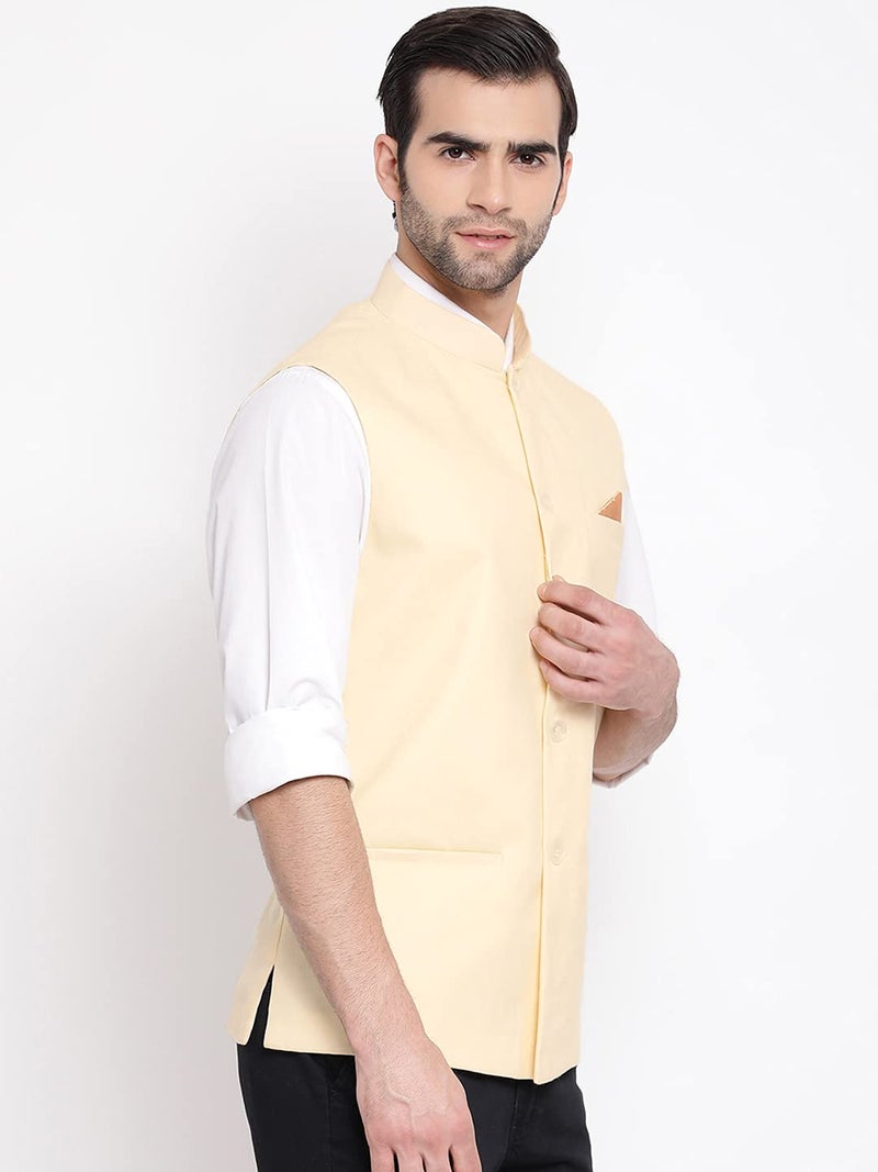 VASTRAMAY Mens Cotton Blend Cream Nehru Jacket - Timeless Style & Versatility | Classic Royal Pastal Ethnic Sleeveless Coat for Formal & Casual Wear_VASMJ049CR_38 - Image 3