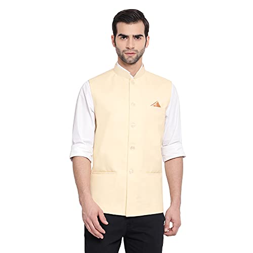 VASTRAMAY Mens Cotton Blend Cream Nehru Jacket - Timeless Style & Versatility | Classic Royal Pastal Ethnic Sleeveless Coat for Formal & Casual Wear_VASMJ049CR_38 - Image 1