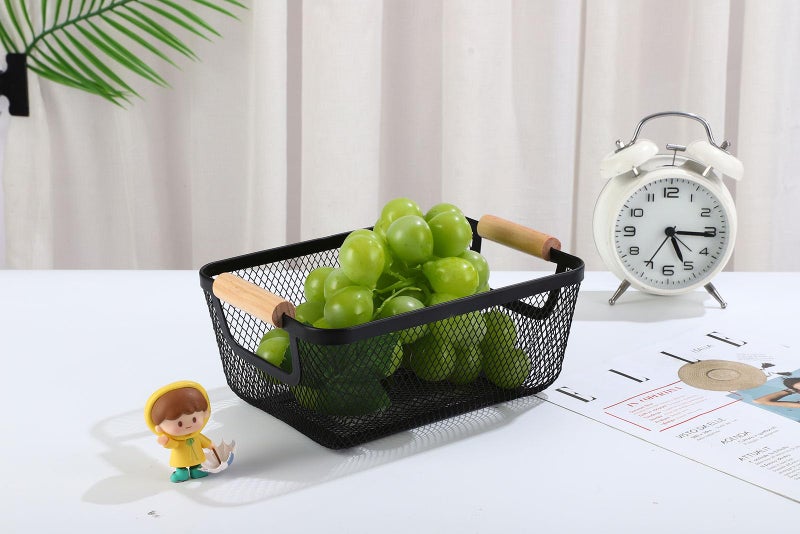 AJIODA 2 Pack Metal Mesh Steel Basket  Wire Storage Organizer Basket Multi-function Hanging Kitchen Basket Fruit Basket with Wood Handle for Kitchen Bathroom Picnic Cabinet Home Decor  Rectangle-Black - Image 2