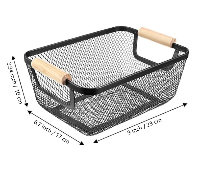 AJIODA 2 Pack Metal Mesh Steel Basket  Wire Storage Organizer Basket Multi-function Hanging Kitchen Basket Fruit Basket with Wood Handle for Kitchen Bathroom Picnic Cabinet Home Decor  Rectangle-Black - Image 3