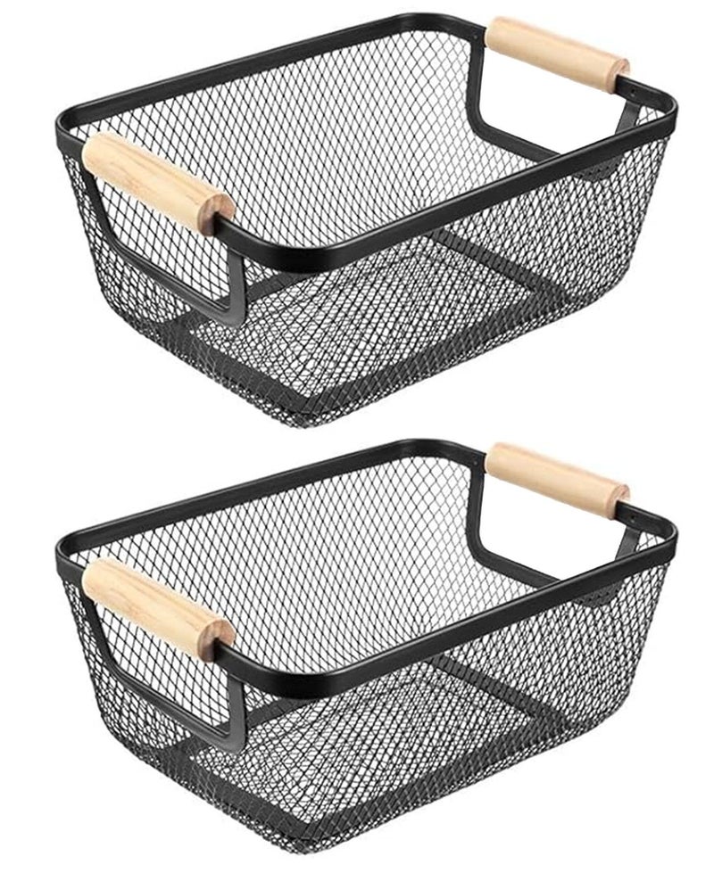 AJIODA 2 Pack Metal Mesh Steel Basket  Wire Storage Organizer Basket Multi-function Hanging Kitchen Basket Fruit Basket with Wood Handle for Kitchen Bathroom Picnic Cabinet Home Decor  Rectangle-Black - Image 1