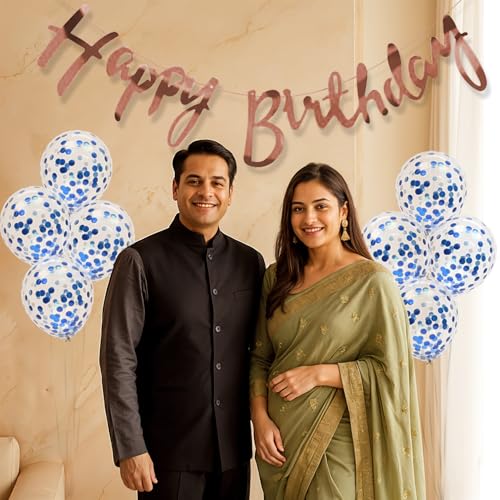 Party Propz مجموعة زينة عيد ميلاد Party Propz مع بالونات زرقاء - 9 قطع بالونات كونفيتي زرقاء، لافتة عيد ميلاد – مجموعة زينة بالونات للأولاد والزوج (كرتون، لاتكس) - Image 4