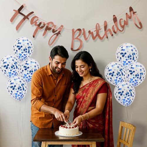 Party Propz مجموعة زينة عيد ميلاد Party Propz مع بالونات زرقاء - 9 قطع بالونات كونفيتي زرقاء، لافتة عيد ميلاد – مجموعة زينة بالونات للأولاد والزوج (كرتون، لاتكس) - Image 3