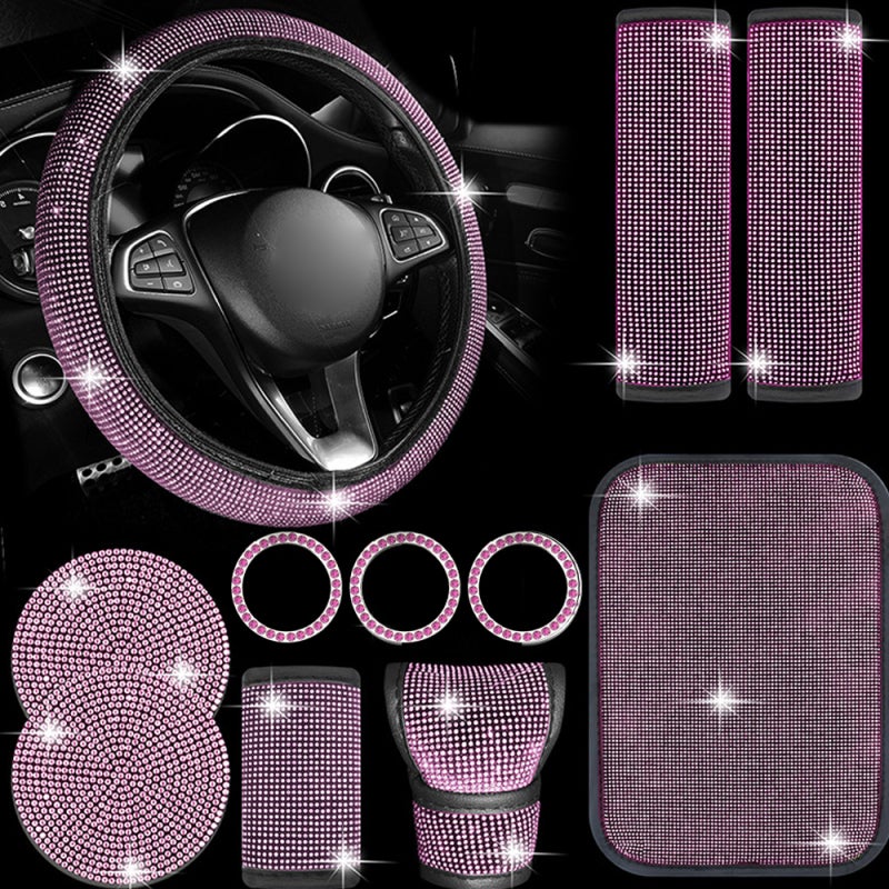 Rhinestone Car Accessories: 11-Piece Pink Premium Quality Set - Universal Fit Easy Installation Interior Upgrade for Car Truck SUV Commercial Vehicle - Image 1