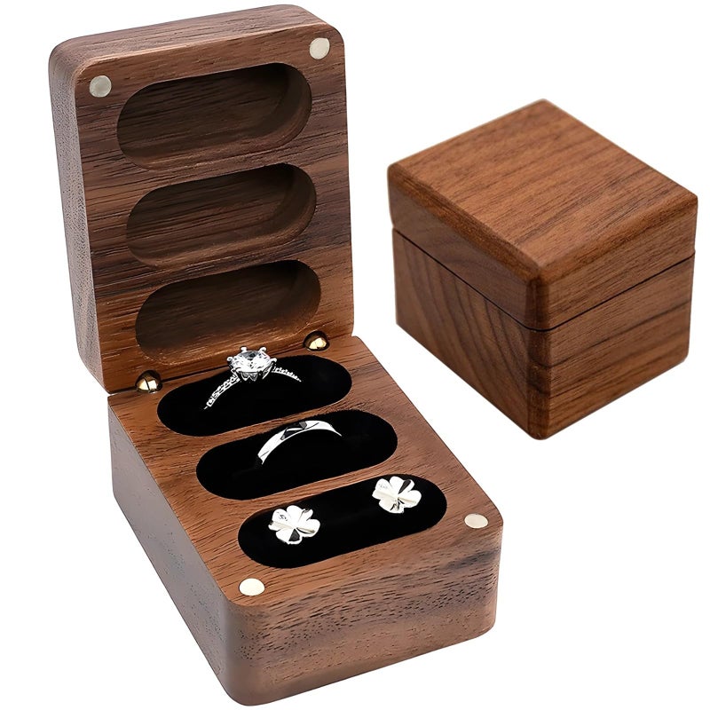 Personalized Walnut Wood Ring Box 3 Slot Engagement Wedding Jewelry Holder Soft Closure - Image 2