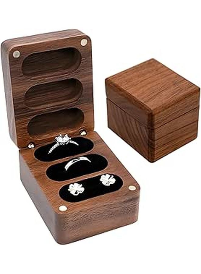 Personalized Walnut Wood Ring Box 3 Slot Engagement Wedding Jewelry Holder Soft Closure - Image 1