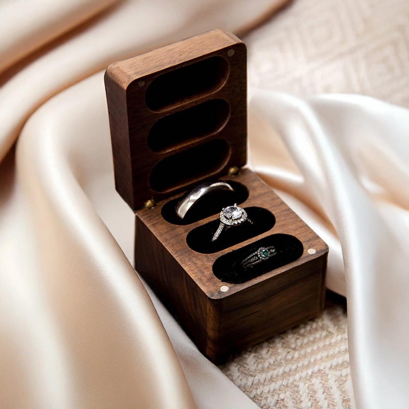 Personalized Walnut Wood Ring Box 3 Slot Engagement Wedding Jewelry Holder Soft Closure - Image 4