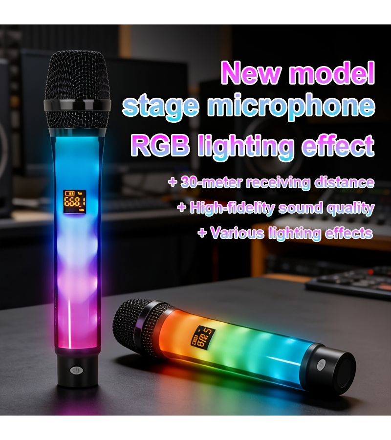 ميكروفون لاسلكي RGB لأداء الثنائي بمدى 30 متر مزود بأضواء يتم تنشيطها بالصوت - Image 1