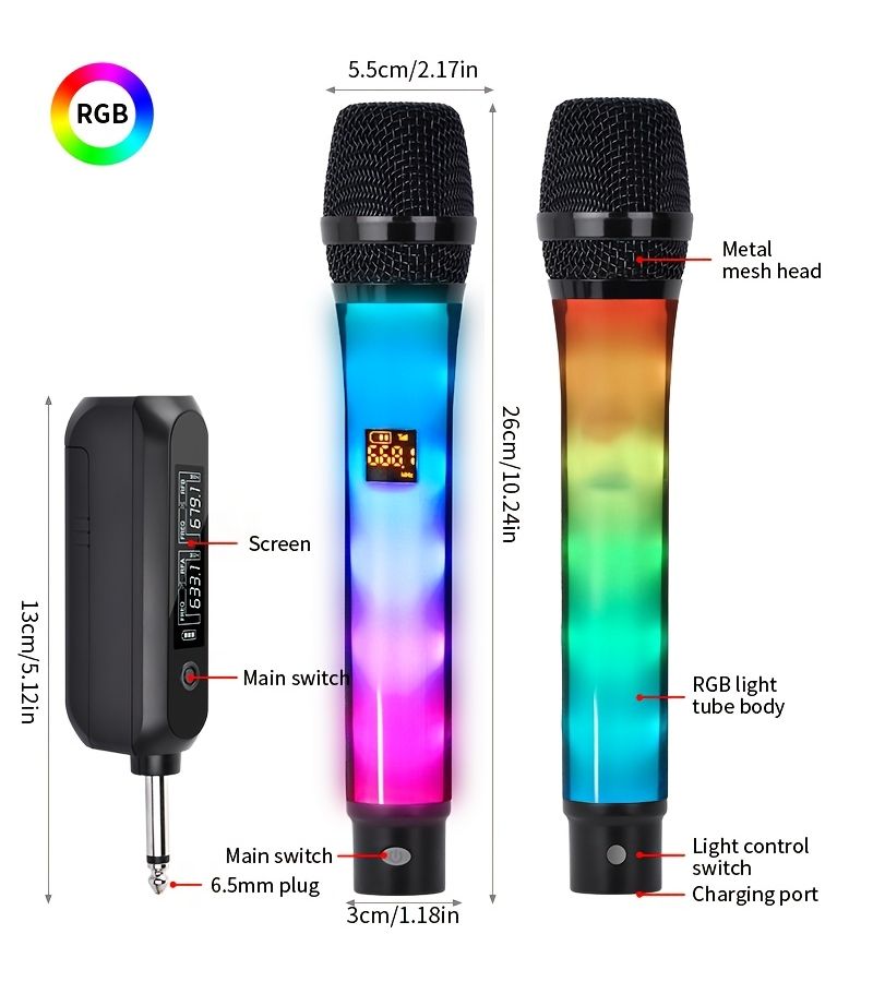 ميكروفون لاسلكي RGB لأداء الثنائي بمدى 30 متر مزود بأضواء يتم تنشيطها بالصوت - Image 2