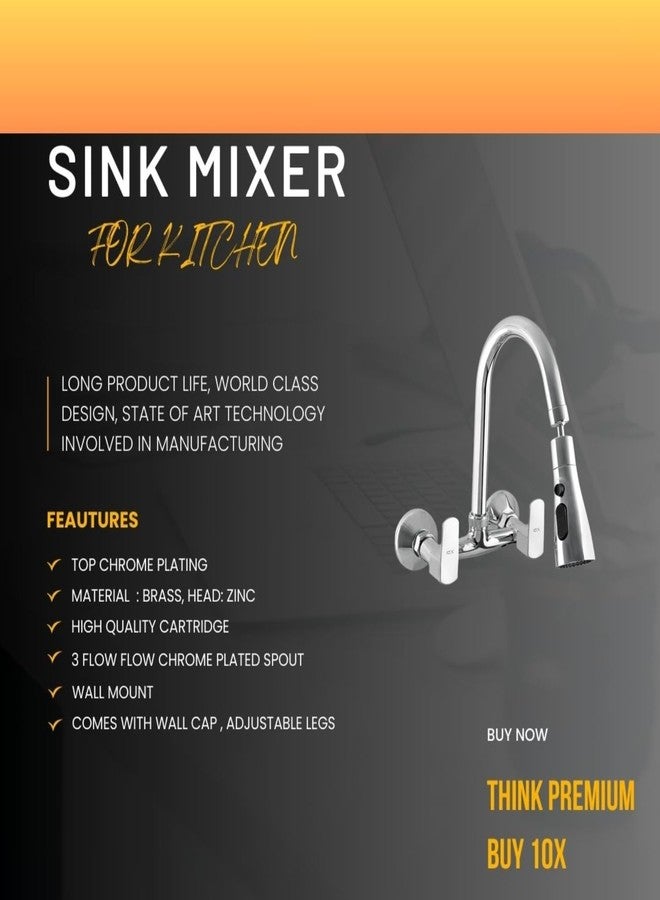 10X Brass Sink Mixer SMI-56d4 Chrome Rotatable Spout Wall Mount Hot/Cold Triple Flow (Chrome) - Image 2