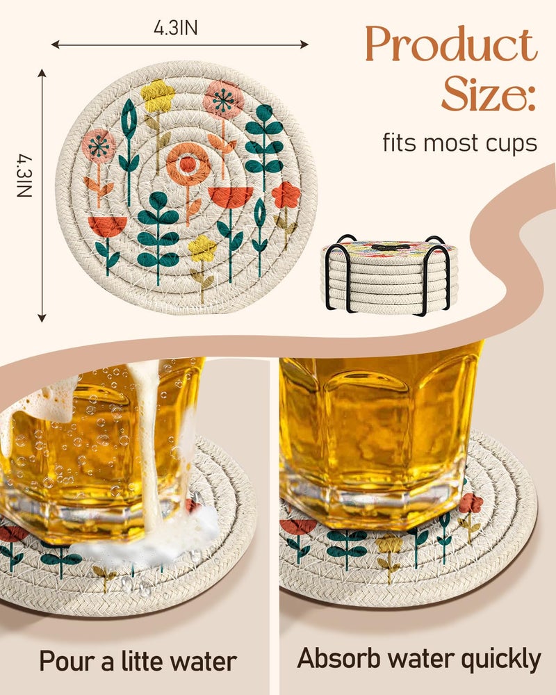 Kokaaee Drink Coasters Set of 6 - Cup Absorbent Coasters for Drinks Coffee Table Home Office Desk Decor Soft Woven Cotton Cloth Braided Fabric Drinking Cup Mat with Holder Cute Flower Floral Plants - Image 4