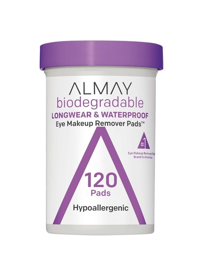 Almay وسادات إزالة مكياج العين، قابلة للتحلل، تدوم طويلاً ومقاومة للماء، مضادة للحساسية، خالية من القسوة والعطور، مناديل تنظيف، 120 وسادة (عبوة من 1)