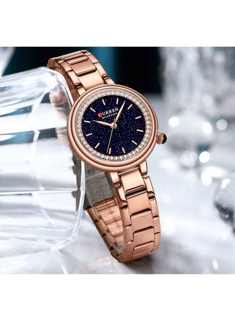 CURREN ساعة كيرين النسائية الأنيقة بوجه وردي وقشرة سوداء للنساء والفتيات، ساعة معصم من الفولاذ المقاوم للصدأ 9089 - Image 1
