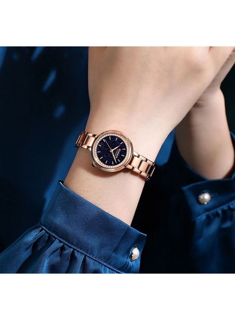 CURREN ساعة كيرين النسائية الأنيقة بوجه وردي وقشرة سوداء للنساء والفتيات، ساعة معصم من الفولاذ المقاوم للصدأ 9089 - Image 3