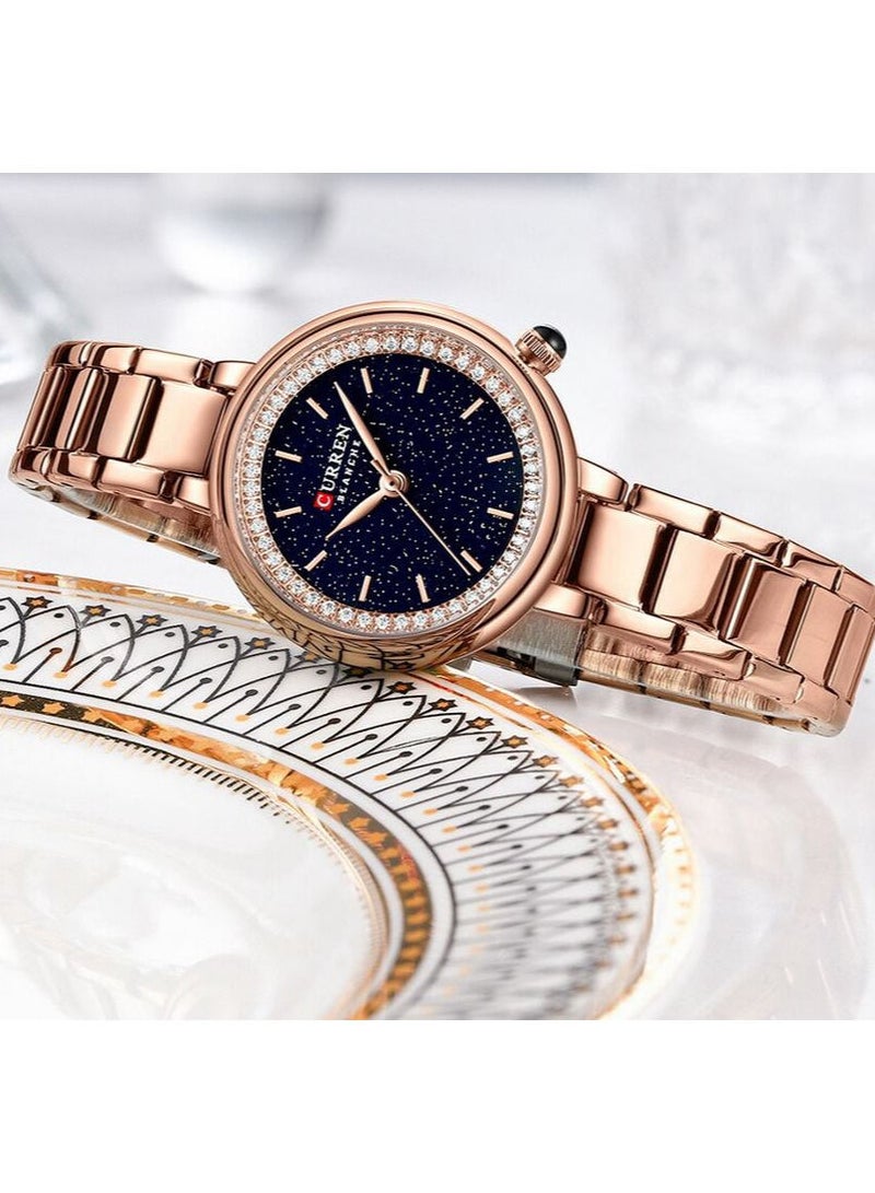 CURREN ساعة كيرين النسائية الأنيقة بوجه وردي وقشرة سوداء للنساء والفتيات، ساعة معصم من الفولاذ المقاوم للصدأ 9089 - Image 2