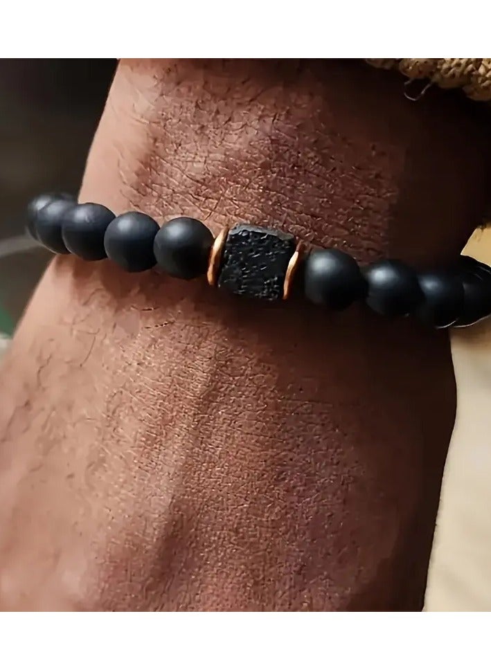 Goolsky 8Mm Matte Black Agate And Lava Bead Bracelet, an Anti-Anxiety Aromatherapy Bracelet, Perfect As a Birthday Gift for Son, Dad, Boyfriend, Colleague, Or for Holidays And Valentine'S Day; a Stylish Jewelry Gift for Men, Elastic And Adjustable. - Image 5