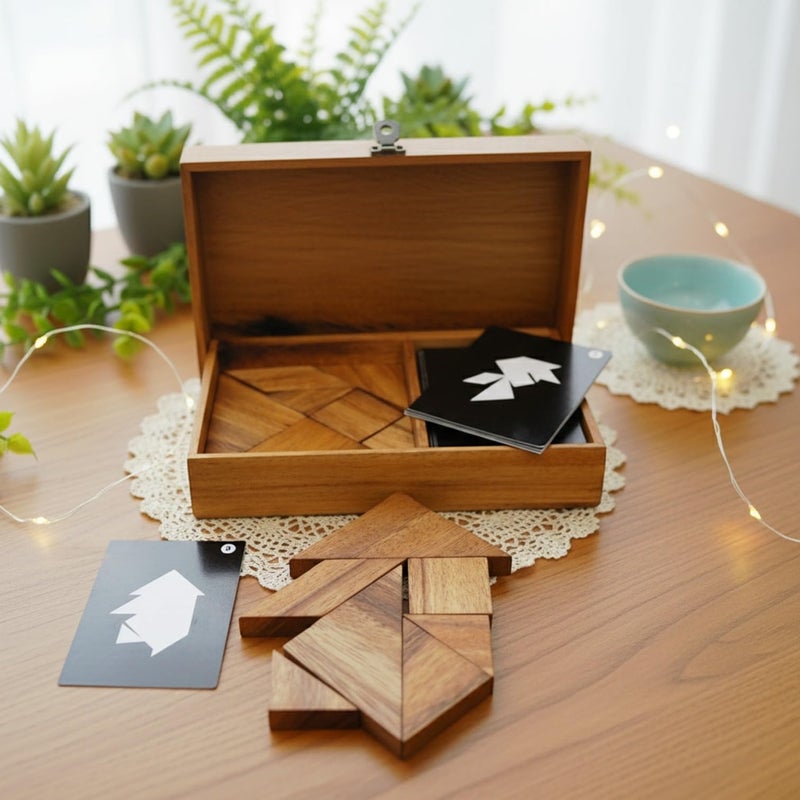 Winshare Puzzles and Games Logic Tangram Set with Play Cards Wooden Puzzle Game - Image 2