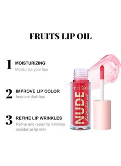 NUDE Hydrating Lip Glow Oil Plumping Lip Tint, Hydrating Lip Gloss Tinted Lip Balm Transparent Lip Care, Long Lasting Moisturizing Non-sticky Fresh Shiny Texture Lip Oil - Strawberry  - Image 5