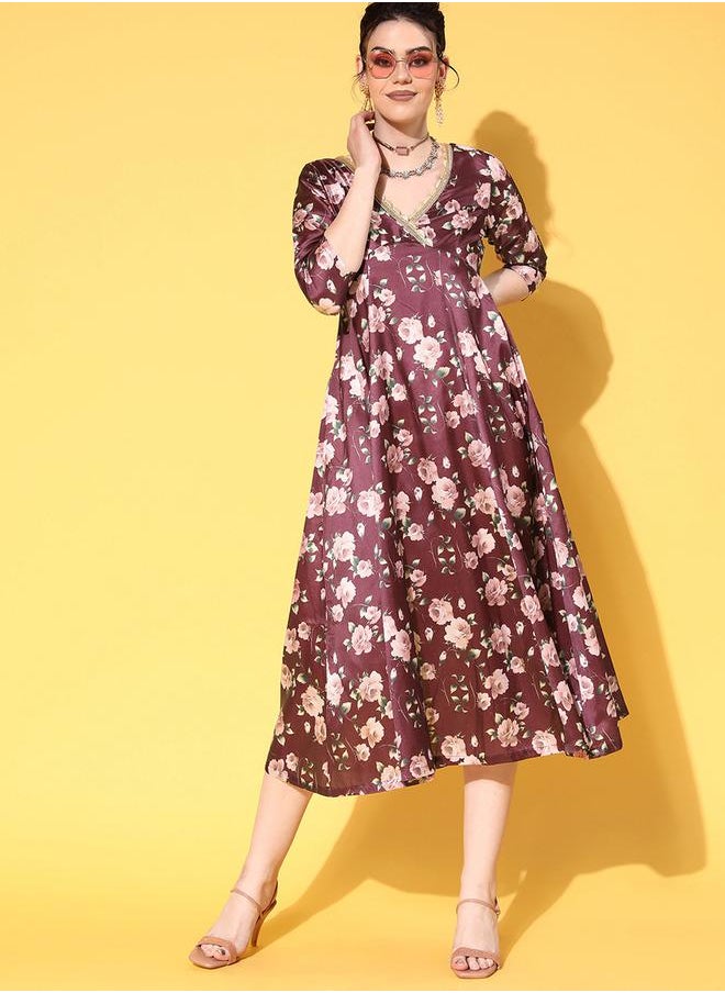 SASSAFRAS - Floral Print V Neck Anarkali Dress by Styli - Image 1