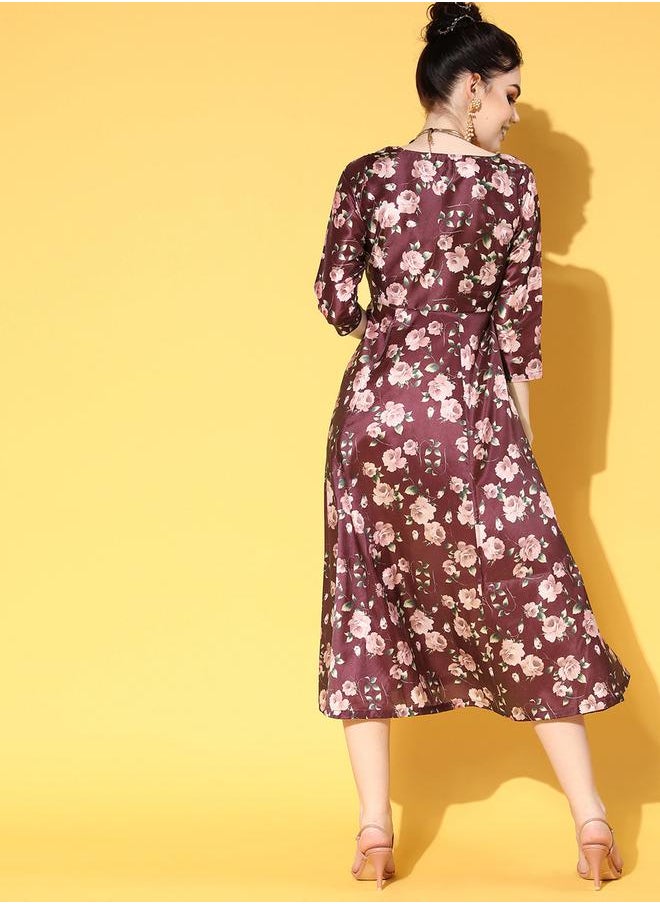 SASSAFRAS - Floral Print V Neck Anarkali Dress by Styli - Image 1