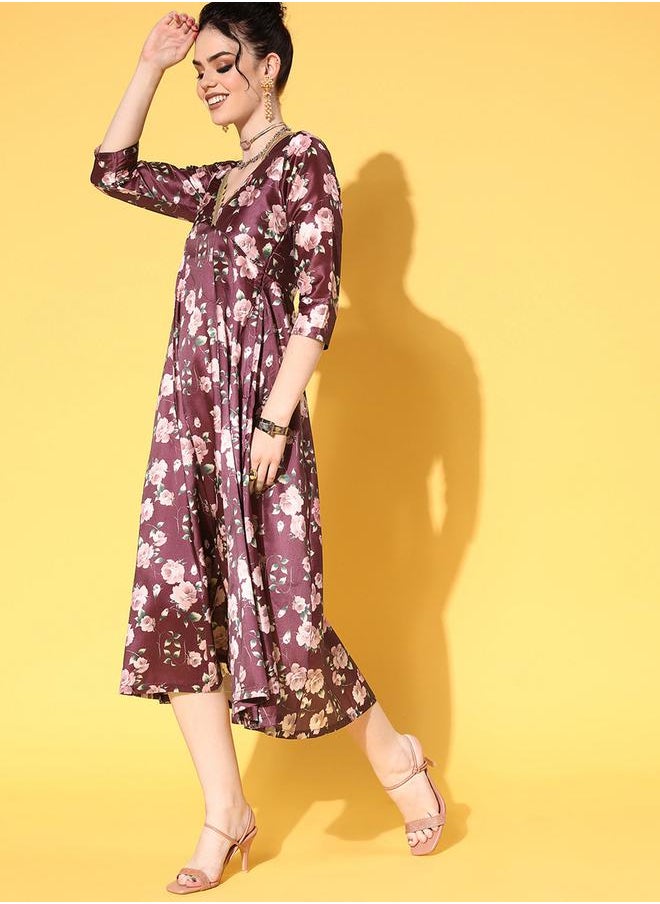 SASSAFRAS - Floral Print V Neck Anarkali Dress by Styli - Image 1