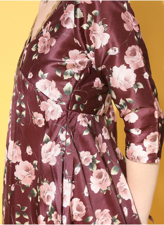 SASSAFRAS - Floral Print V Neck Anarkali Dress by Styli - Image 1