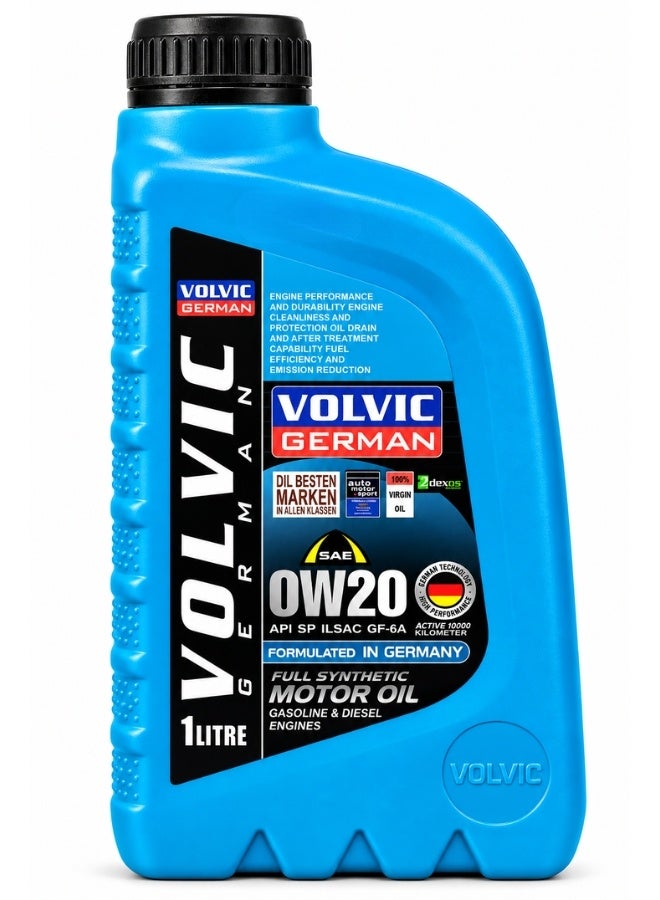 فولفيك زيت محرك VOLVIC GERMAN SAE 0W-20 تخليقي بالكامل سعة 1 لتر، بمواصفات API SP وILSAC GF-6A، زيت سيارات عالي الأداء مصمم لدعم حماية المحرك والنظافة والمتانة وكفاءة استهلاك الوقود وتقليل الانبعاثات، مناسب لمحركات البنزين المتوافقة التي تتطلب لزوجة 0W-20، تركيبة مطورة في ألمانيا - Image 1