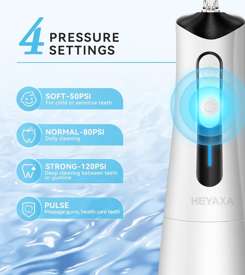 HEYAXA جهاز تنظيف الأسنان بالماء اللاسلكي للفم مع 5 أوضاع تنظيف، 4 رؤوس نفث قابلة للاستبدال، مقاوم للماء بمعيار IPX7 (أبيض) - Image 3