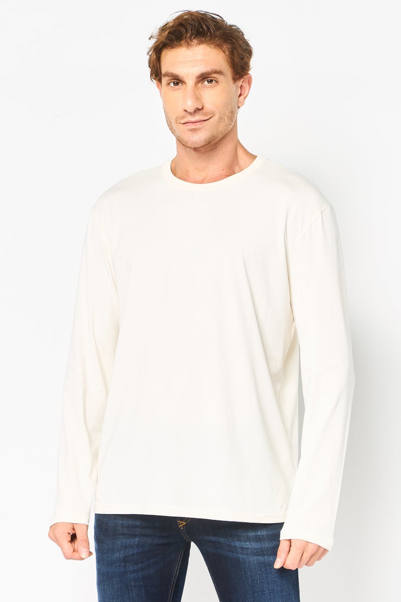 Core Elements Men Crew Neck Plain Long Sleeve T-Shirt, Off White - Image 1