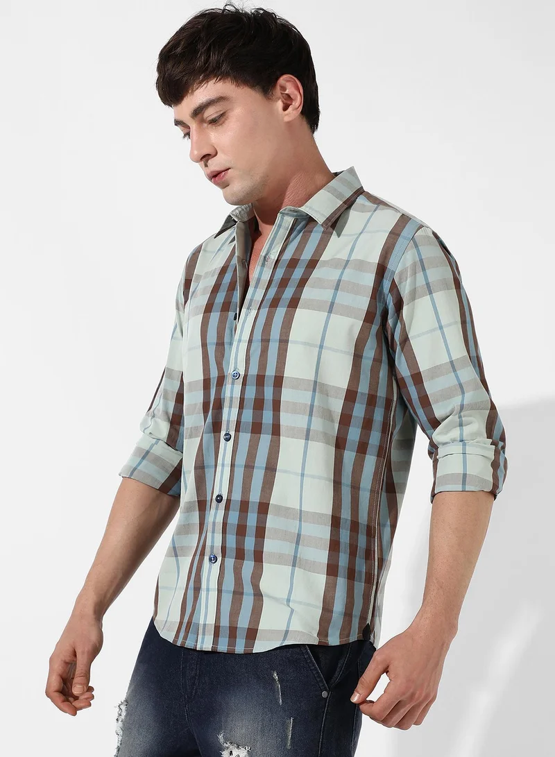 Campus Sutra Men's Sage Green Tartan Plaid Shirt