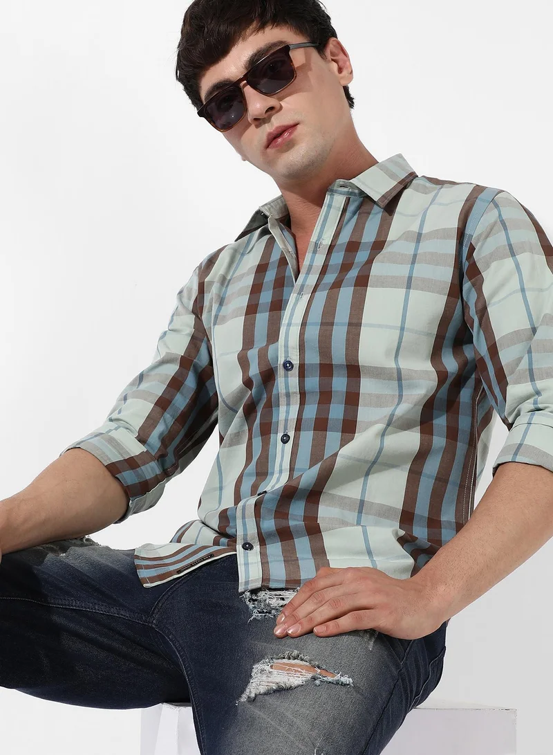 Campus Sutra Men's Sage Green Tartan Plaid Shirt