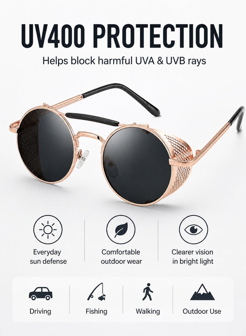 PEI  AN Steampunk Polarized Sunglasses for Men Women with UV400 Protection, TR90 Frame Round Side Shield Sunglasses with Spring Hinges, Vintage Driving Fishing Shades - Image 1
