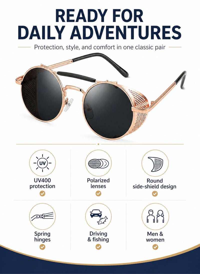 PEI  AN Steampunk Polarized Sunglasses for Men Women with UV400 Protection, TR90 Frame Round Side Shield Sunglasses with Spring Hinges, Vintage Driving Fishing Shades - Image 2