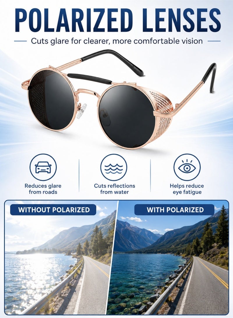 PEI  AN Steampunk Polarized Sunglasses for Men Women with UV400 Protection, TR90 Frame Round Side Shield Sunglasses with Spring Hinges, Vintage Driving Fishing Shades - Image 5