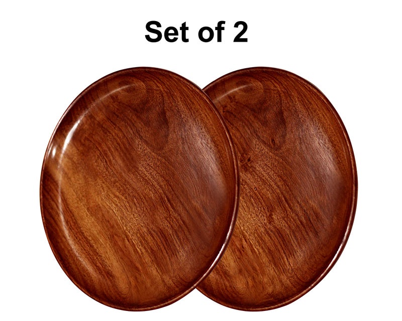 CRAFTCASTLE Sheesham Wood Round Serving Plate, Handcrafted Wooden Thaali for Salad, Dessert, Snack, Fruit, Dry Fruit & Dinner, Decorative Home & Kitchen Table Decor (12 Inch-Set of 2) - Image 2