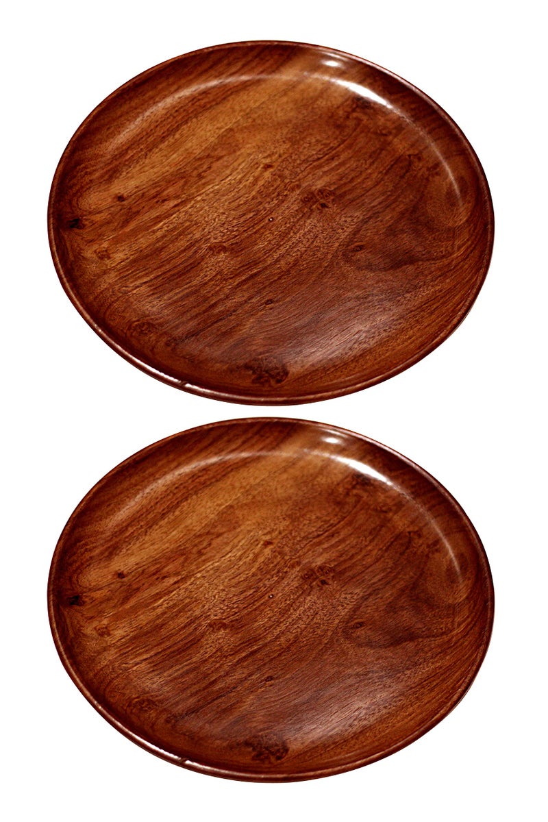 CRAFTCASTLE Sheesham Wood Round Serving Plate, Handcrafted Wooden Thaali for Salad, Dessert, Snack, Fruit, Dry Fruit & Dinner, Decorative Home & Kitchen Table Decor (12 Inch-Set of 2) - Image 1