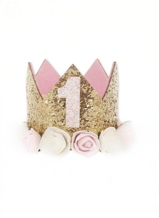 Baby Birthday Crown, Princess Crowns Tiara Girls Party Hat With Gold Glitter and Pink Roses for Birthday Party - Image 1