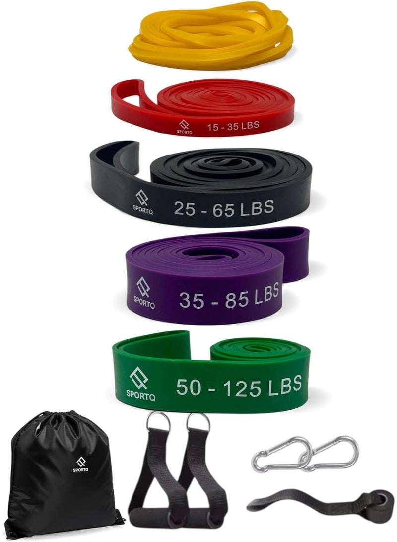 SportQ 5-piece resistance band set, pull-up exercise bands, 5 different sizes with handles, door mounts, leg straps, and a carrying case. - Image 1