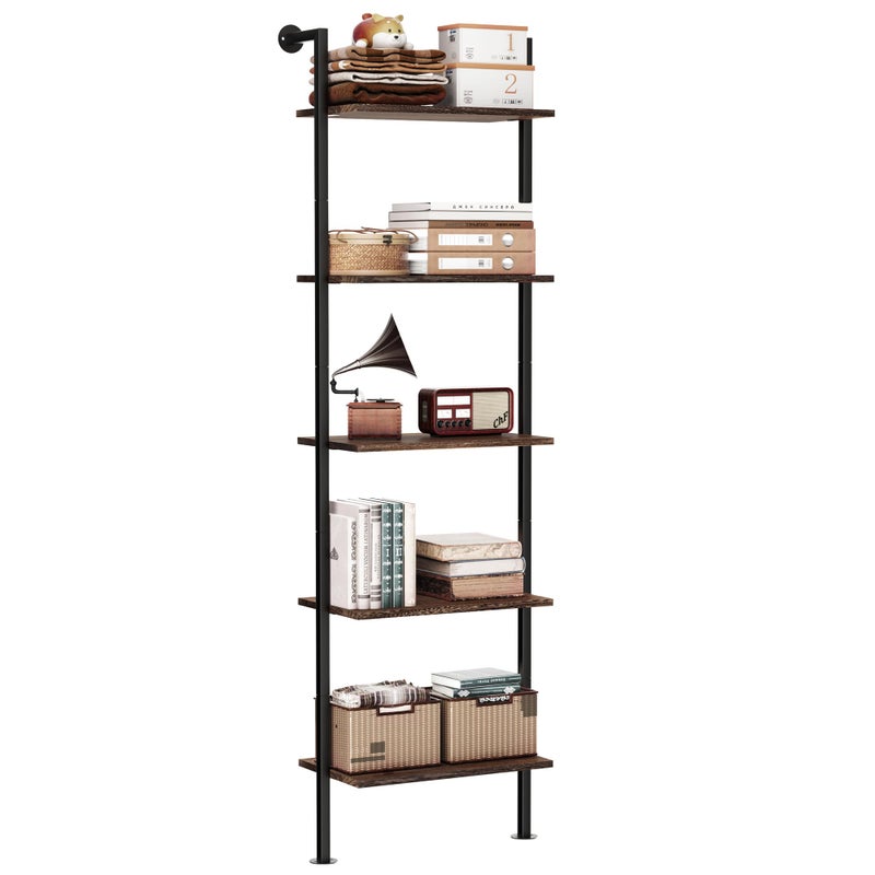 5Tier Solid Wood Narrow Ladder Shelf Wall Mount Bookcase Storage Rack for Living Room Bedroom Industrial Style Dark Brown