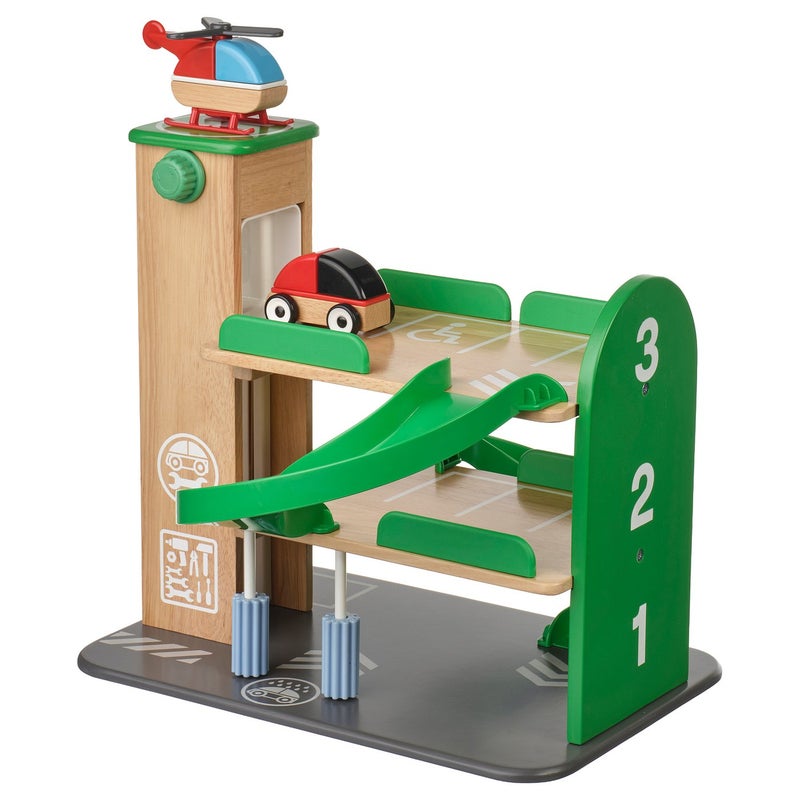 LILLABO 3-Storey Wooden Toy Garage Playset with Elevator, Car and Helicopter, Multicolour - Image 1