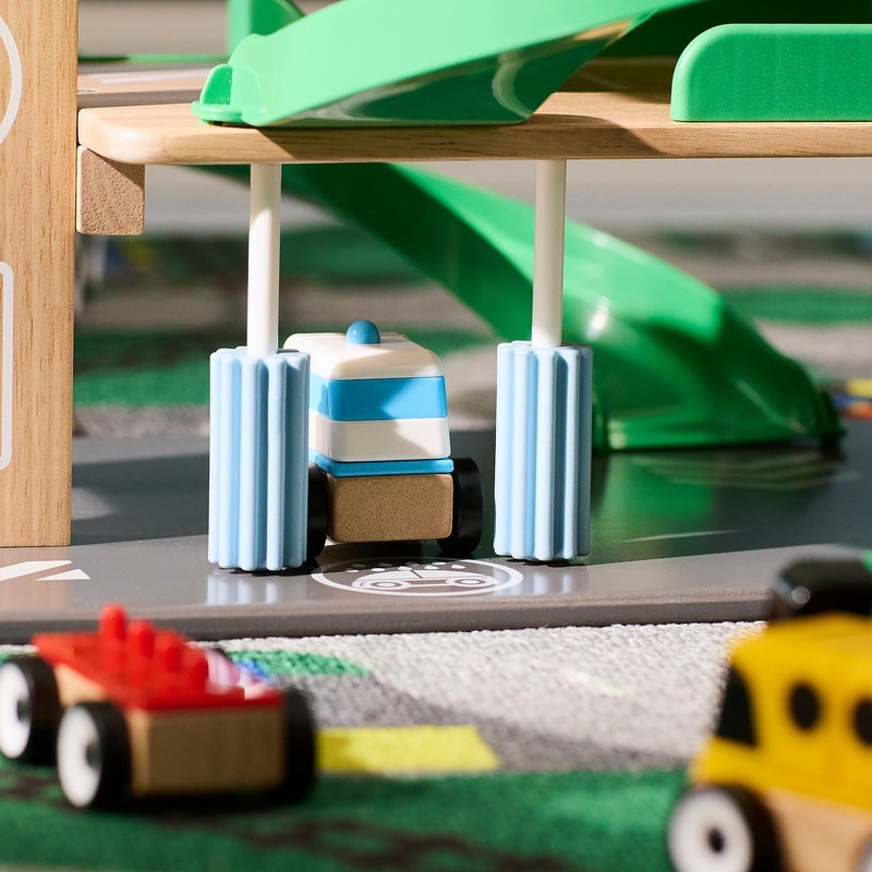 LILLABO 3-Storey Wooden Toy Garage Playset with Elevator, Car and Helicopter, Multicolour - Image 5