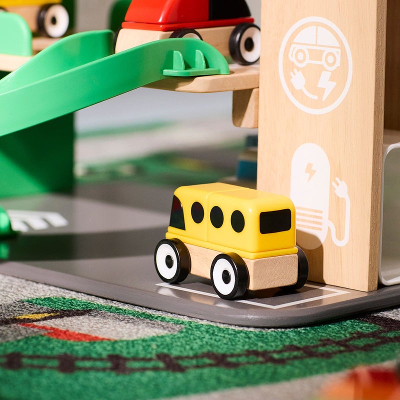 LILLABO 3-Storey Wooden Toy Garage Playset with Elevator, Car and Helicopter, Multicolour - Image 4
