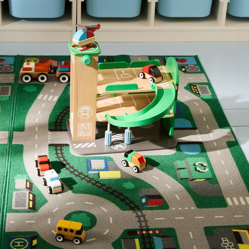 LILLABO 3-Storey Wooden Toy Garage Playset with Elevator, Car and Helicopter, Multicolour - Image 2