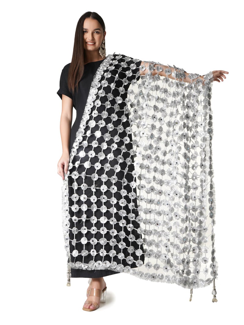 A R Silk DUPATTA HUB Women's Hand Made Gota Flowers With Mirror Work With Hand Made Tassels Silver Fancy and Bridal Dupatta(ARS01270) - Image 1