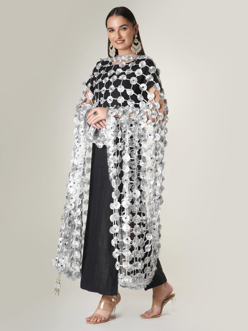 A R Silk DUPATTA HUB Women's Hand Made Gota Flowers With Mirror Work With Hand Made Tassels Silver Fancy and Bridal Dupatta(ARS01270) - Image 4