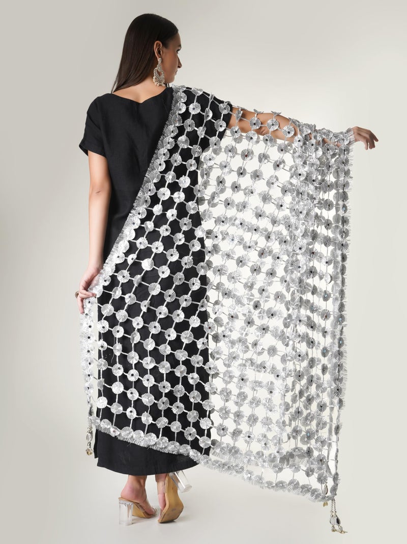A R Silk DUPATTA HUB Women's Hand Made Gota Flowers With Mirror Work With Hand Made Tassels Silver Fancy and Bridal Dupatta(ARS01270) - Image 2