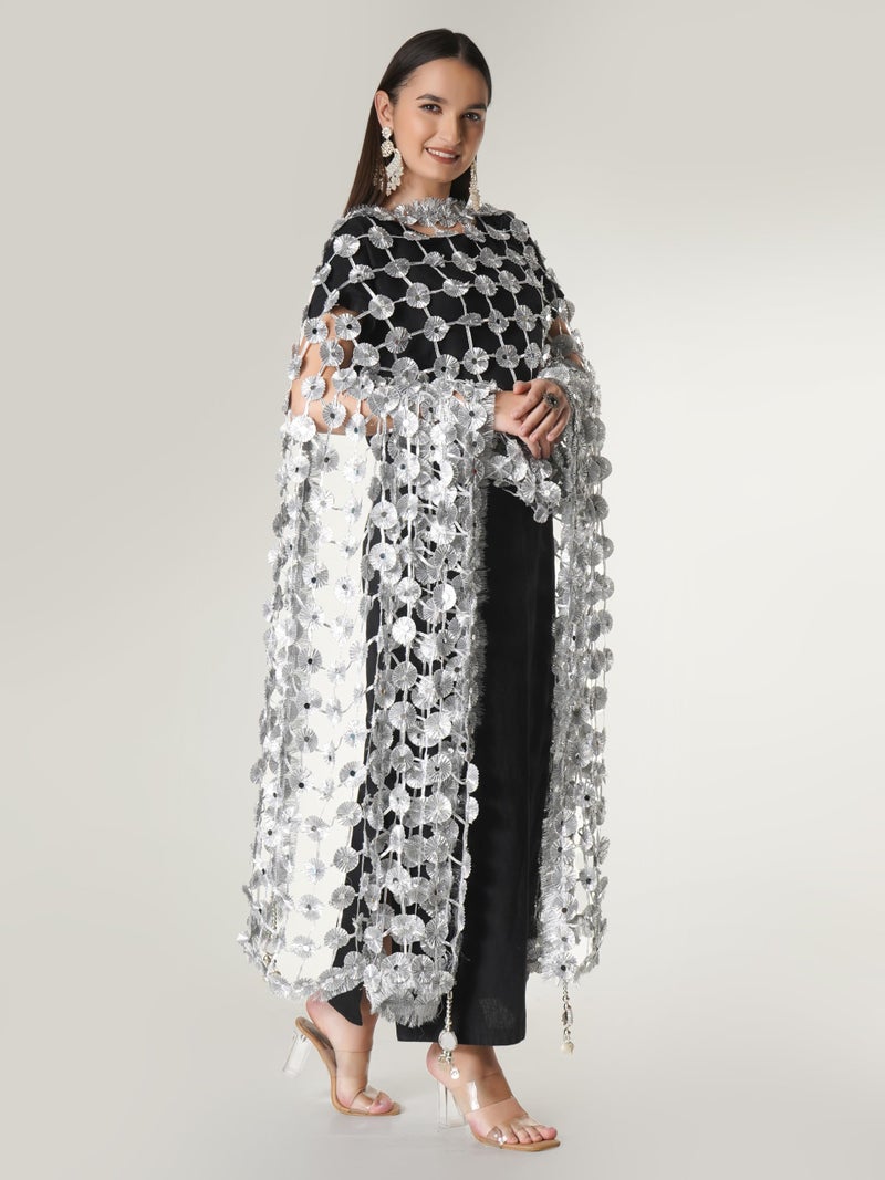 A R Silk DUPATTA HUB Women's Hand Made Gota Flowers With Mirror Work With Hand Made Tassels Silver Fancy and Bridal Dupatta(ARS01270) - Image 5