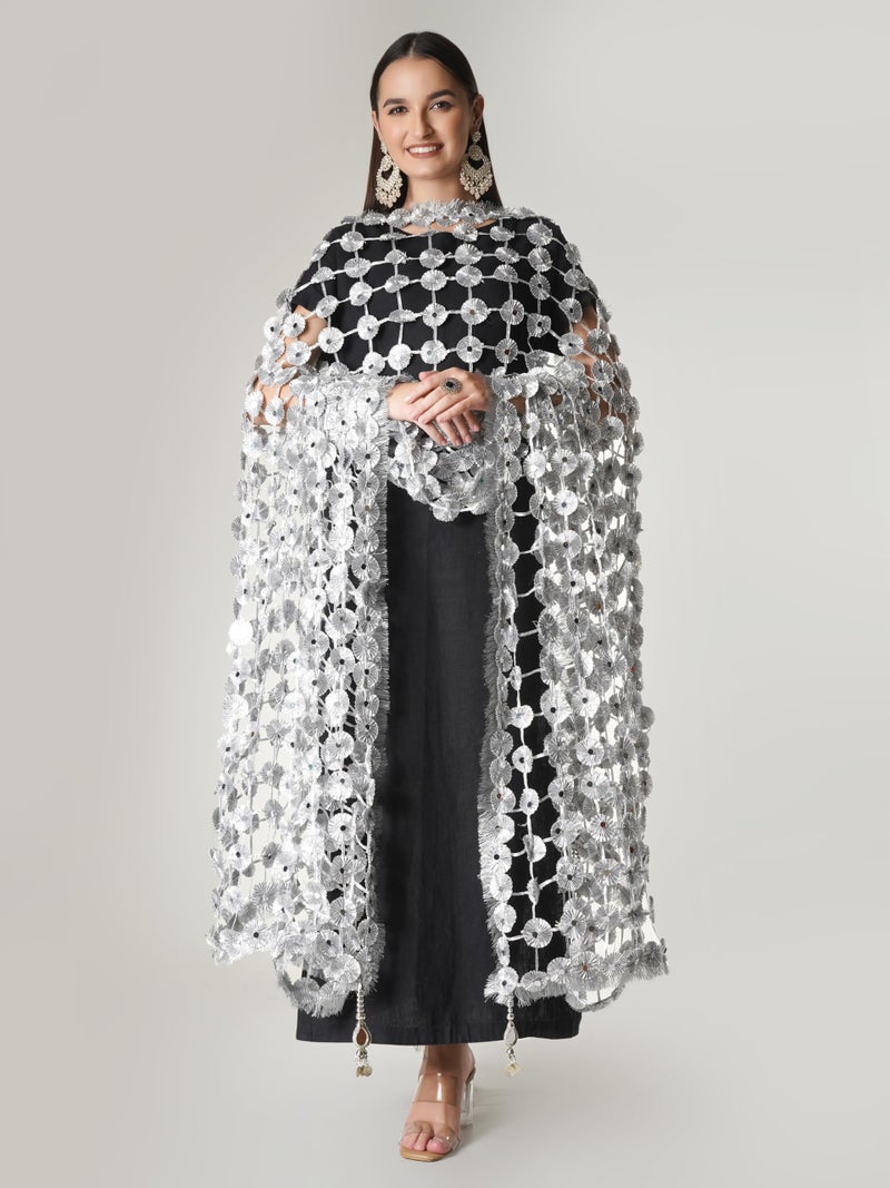 A R Silk DUPATTA HUB Women's Hand Made Gota Flowers With Mirror Work With Hand Made Tassels Silver Fancy and Bridal Dupatta(ARS01270) - Image 3