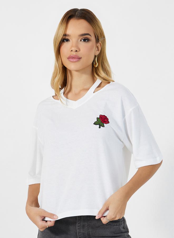 Styli Embroidered Short Sleeve Oversized V Neck  T-shirt  - Image 1